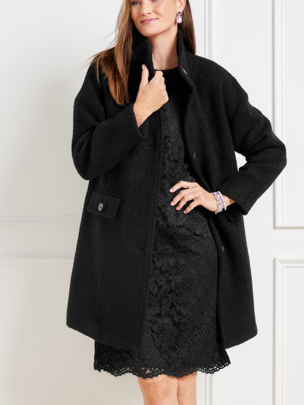 Talbots Boucle Mock Neck Wool Blend Coat Black Sz LP